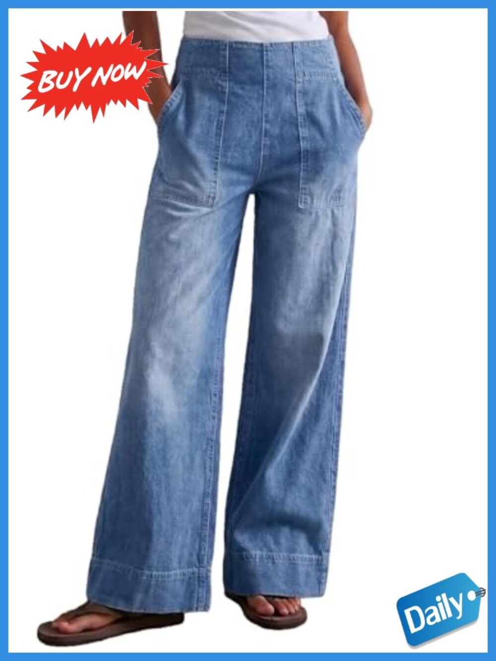 Women's Wide Leg Jeans 100% Cotton Pull On Baggy Low Rise Denim Pants